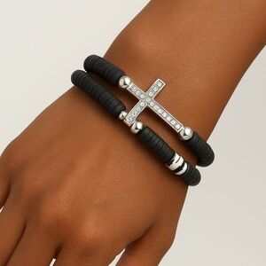 Silver and Black Cross Bracelet